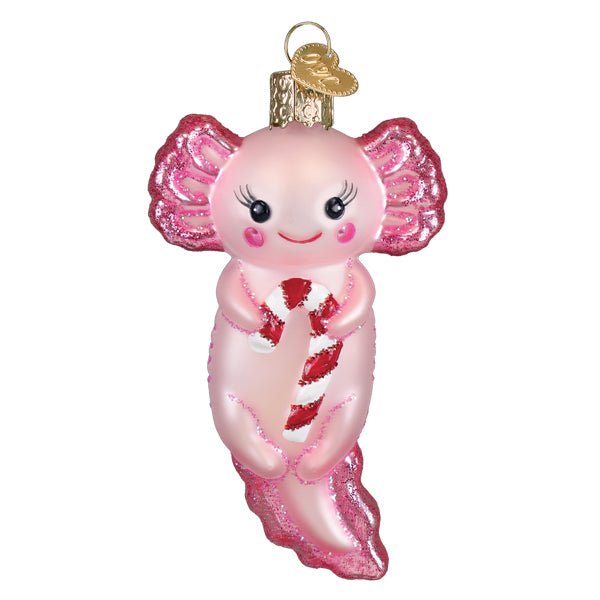 Front of the pink axolotl ornament hugging a red and white candy cane, with glittered gills, on white