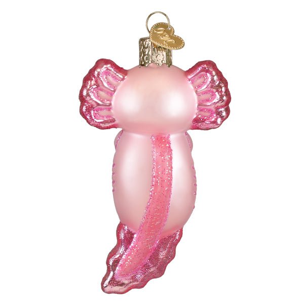 Back of the pink axolotl ornament showing its glittered gills and the fin running down its back, on white