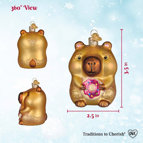 360 view chart of the capybara donut ornament from front, back, and side, marked 3.5 inches tall