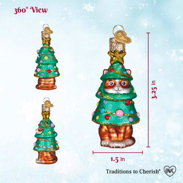 Meowmas tree 360 view sizing chart marked 3.25 inches tall and 1.5 inches wide