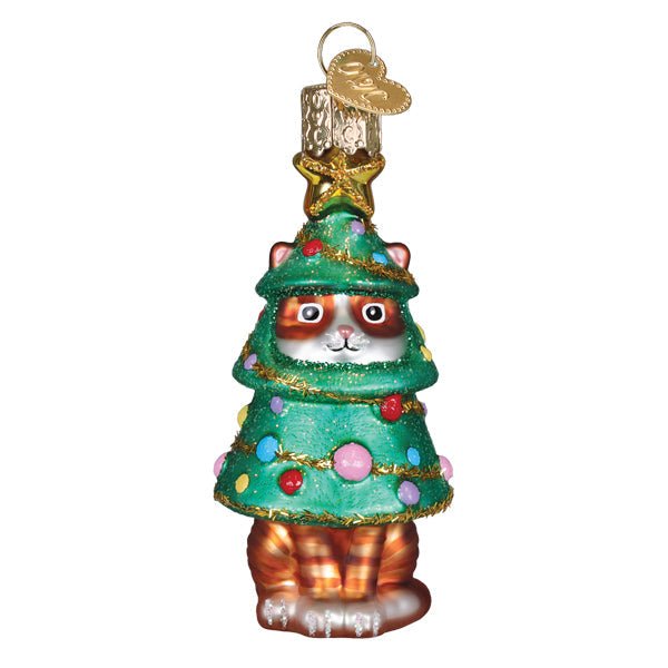 Front of the Meowmas tree ornament, an orange tabby in a green Christmas tree costume, on white