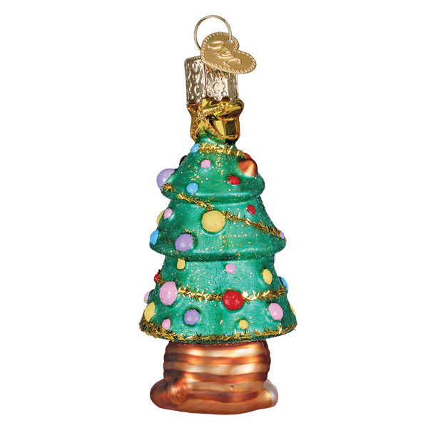 Back of the Meowmas tree ornament with colorful ornaments and a striped tail