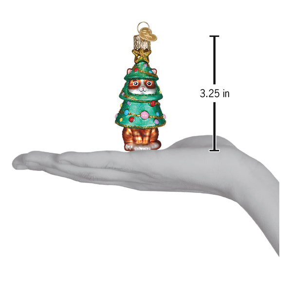 Meowmas tree ornament on an open palm beside a 3.25 inch height marker