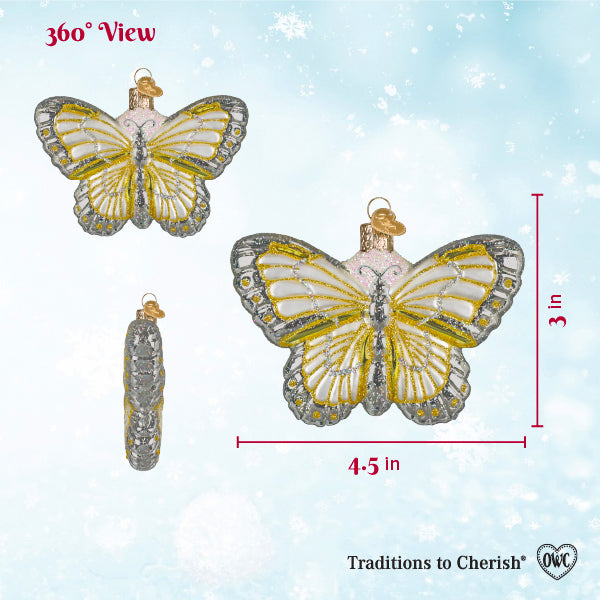 360 view chart of the sterling butterfly ornament marked 3 inches high and 4.5 inches wide