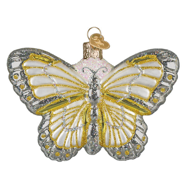 Sterling butterfly glass ornament, front view, pale yellow wings with gold veins and silver glitter edges, on white