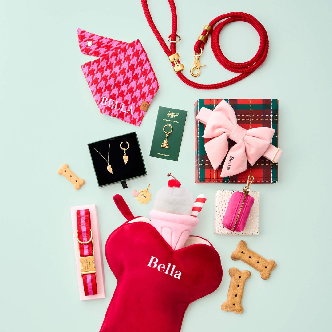 Mint flat lay of a cranberry dog stocking with a houndstooth bandana, red leash, charms, and biscuits