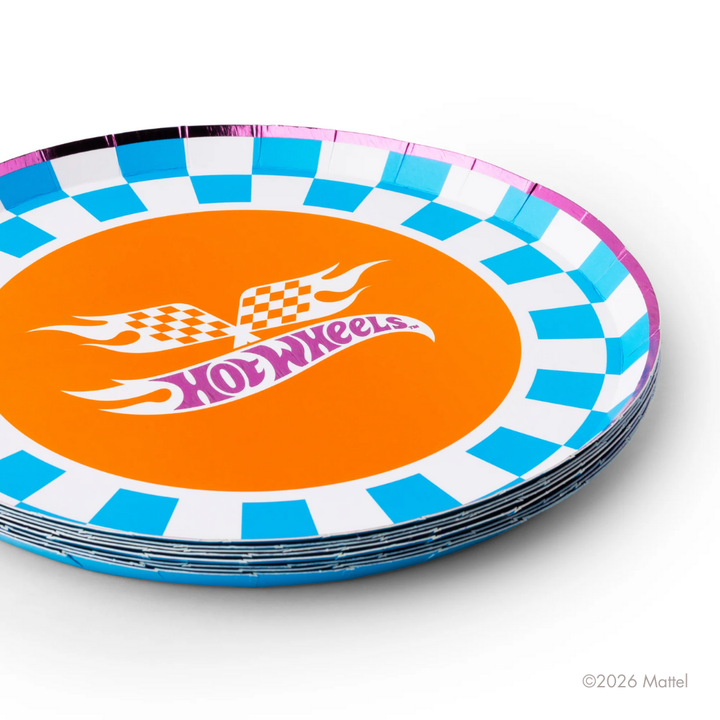 HOT WHEELS™ X BONJOUR FETE BLUE CHECKER SMALL PLATES Bonjour Fete Plates HOT WHEELS™ X BONJOUR FETE BLUE CHECKER SMALL PLATES Bonjour Fete - Party Supplies