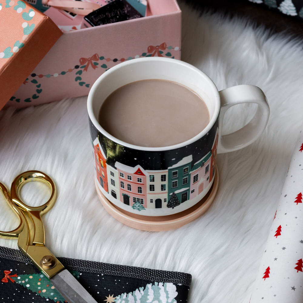 Ceramic Mug with Coaster Lid, Holiday Village Steel Mill Gifts Mug Ceramic Mug with Coaster Lid, Holiday Village Bonjour Fete - Party Supplies