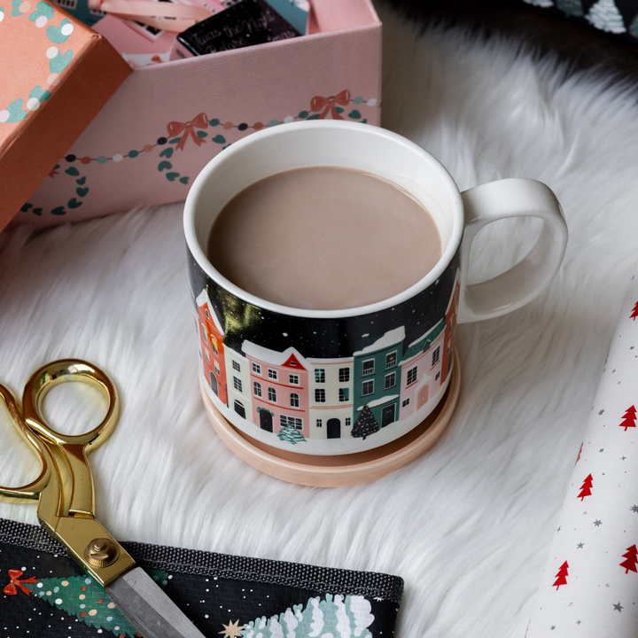 Ceramic Mug with Coaster Lid, Holiday Village Steel Mill Gifts Mug Ceramic Mug with Coaster Lid, Holiday Village Bonjour Fete - Party Supplies