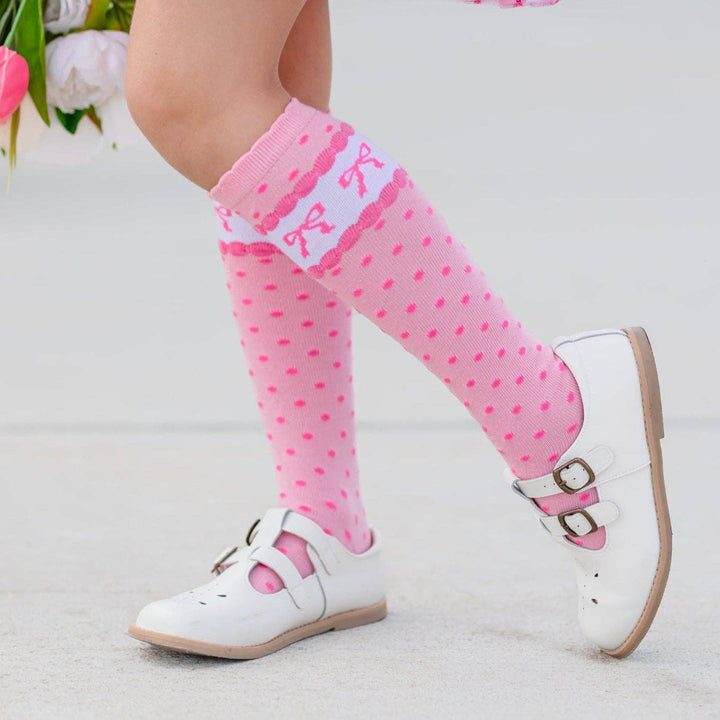 PINK BOW SCALLOPED KNEE HIGH SOCKS Little Stocking Co. Valentine's Day Accessories PINK BOW SCALLOPED KNEE HIGH SOCKS Bonjour Fete - Party Supplies
