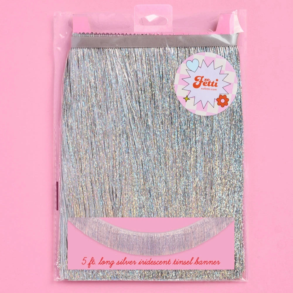 SILVER IRIDESCENT FRINGE FOIL BANNER xo, Fetti Garlands & Banners SILVER IRIDESCENT FRINGE FOIL BANNER Bonjour Fete - Party Supplies