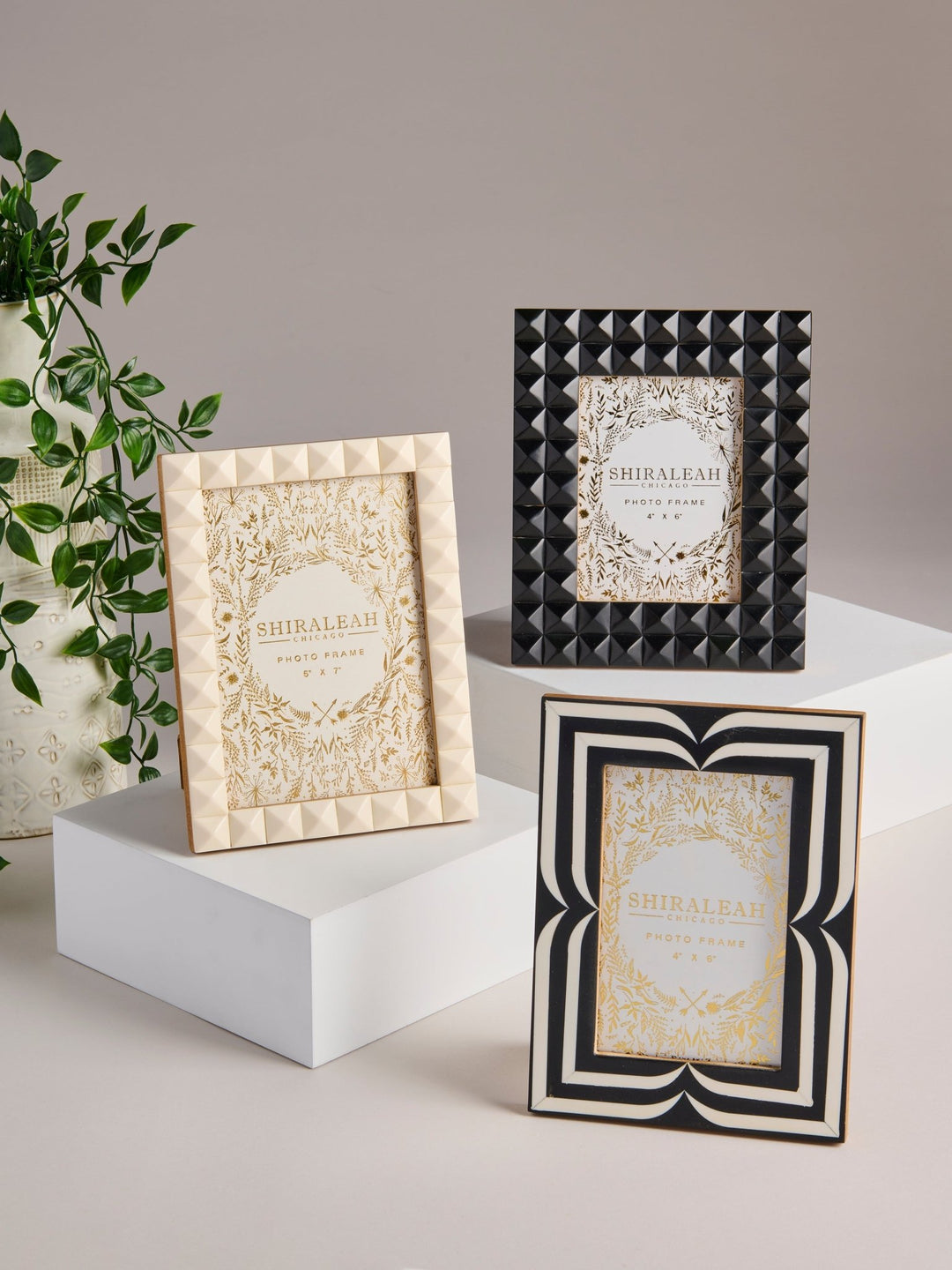 Three decorative picture frames displayed on white pedestals against a warm beige background, with a green plant on the left. The frames include textured cream, black-and-cream, and black-and-white geometric designs, all featuring the brand name 'SHIRALEAH' on the insert.