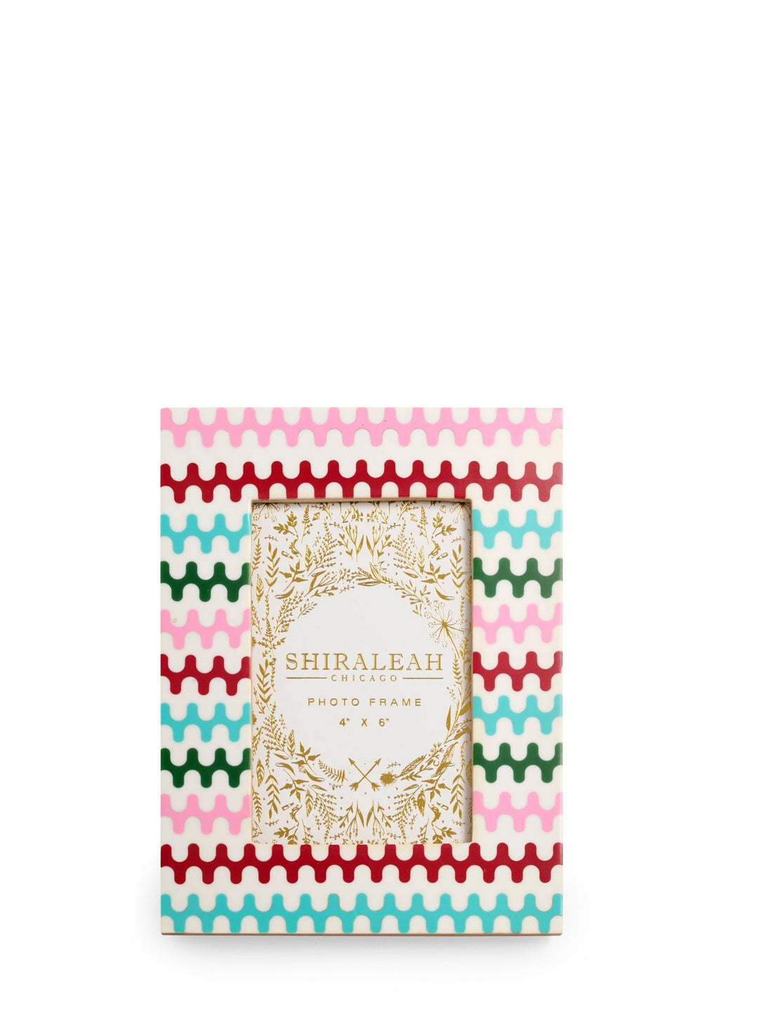 A Shiraleah Chicago 4x5 photo frame with a colorful patterned border featuring pink, teal, green, and red wavy stripes on a cream background, with a central gold-leaf ornate frame.