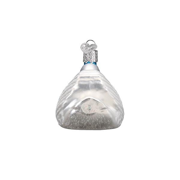 Side view of the swans ornament showing its rounded white glass body
