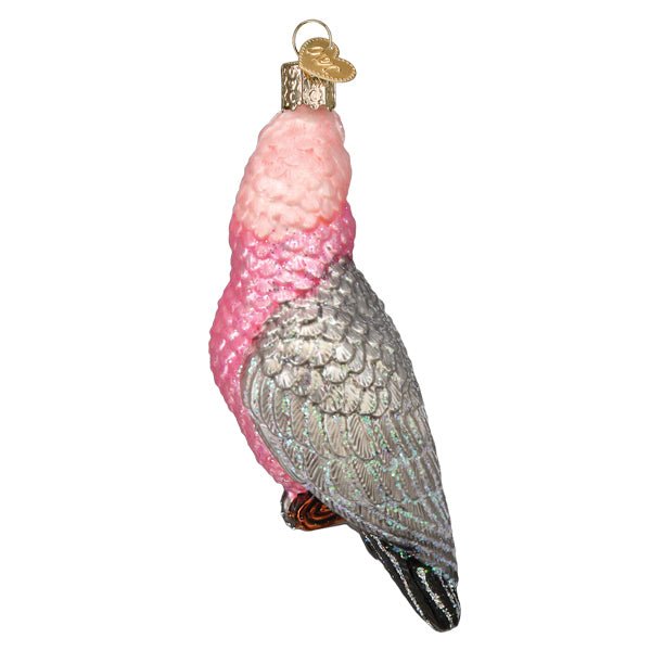 Opposite side of the galah ornament showing its pink chest, grey wing, and dark tail, on white