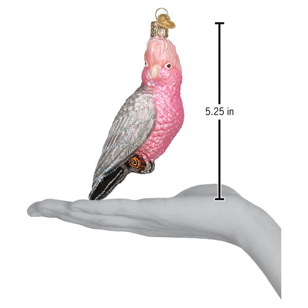 Cockatoo ornament on an open palm beside a 5.25 inch height marker