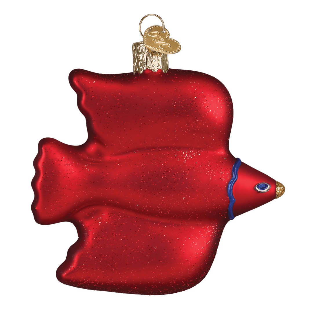 Back of the thrush ornament in solid glossy red with a gold beak, on white