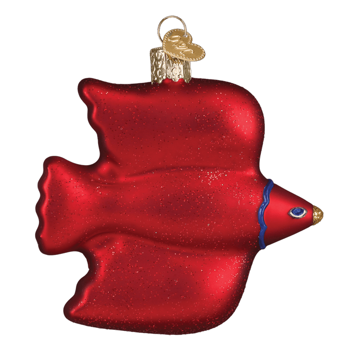 Back of the thrush ornament in solid glossy red with a gold beak, on white