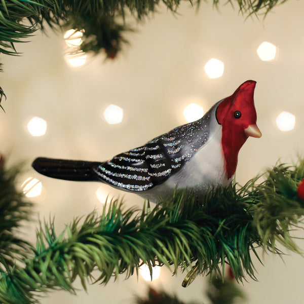 Red-crested cardinal glass ornament clipped onto a lit Christmas tree branch