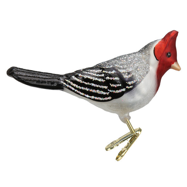 Other side of the red-crested cardinal ornament showing the long black tail, on white