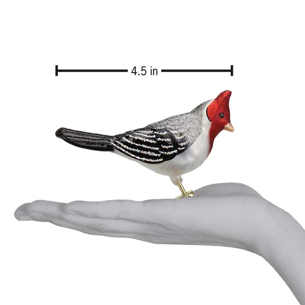 Red-crested cardinal ornament on an open palm under a 4.5 inch length marker