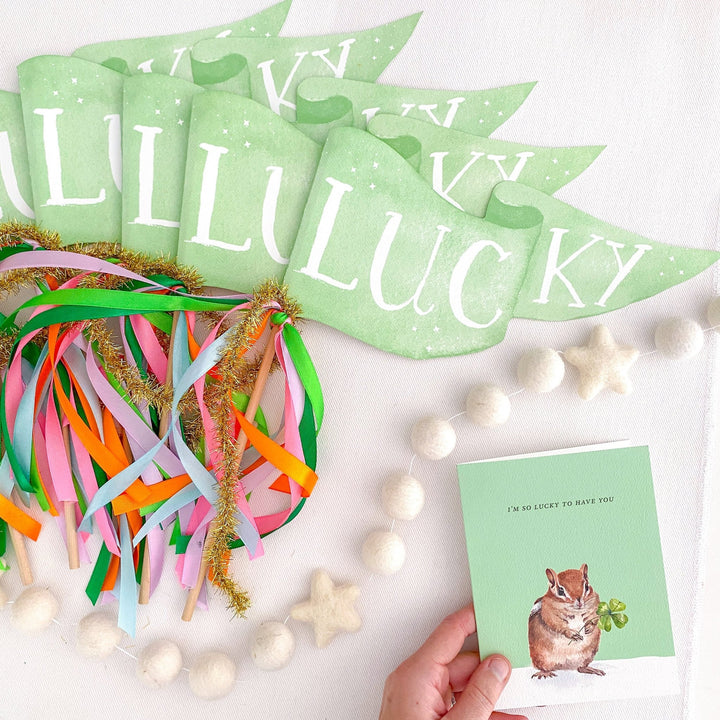 Green Lucky pennant flags styled with rainbow ribbons, a felt star garland, and a lucky-themed greeting card