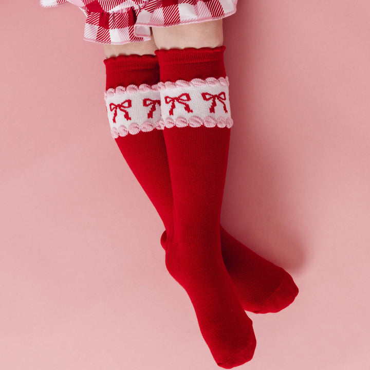 VALENTINE'S BOW SCALLOPED KNEE HIGH SOCKS Little Stocking Co. Valentine's Day Accessories VALENTINE'S BOW SCALLOPED KNEE HIGH SOCKS Bonjour Fete - Party Supplies