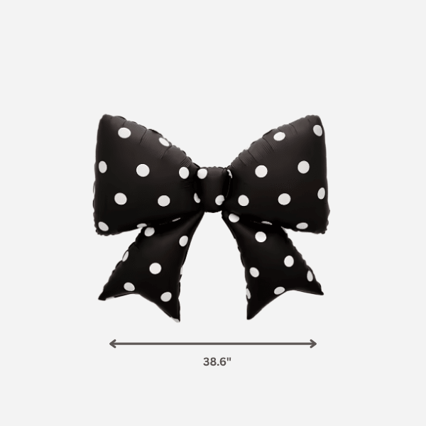 Black polka dot bow balloon with 38.6 inch size guide for a chic birthday