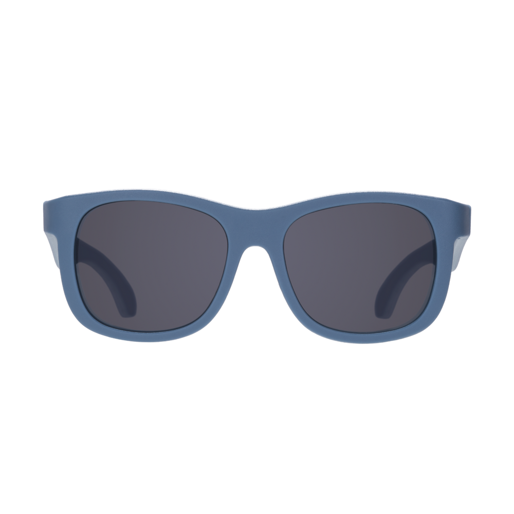 Pacific blue eco aviator kids sunglasses shown from the front with smoke lenses on a plain background.