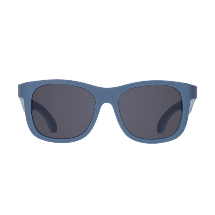 Pacific blue eco aviator kids sunglasses shown from the front with smoke lenses on a plain background.