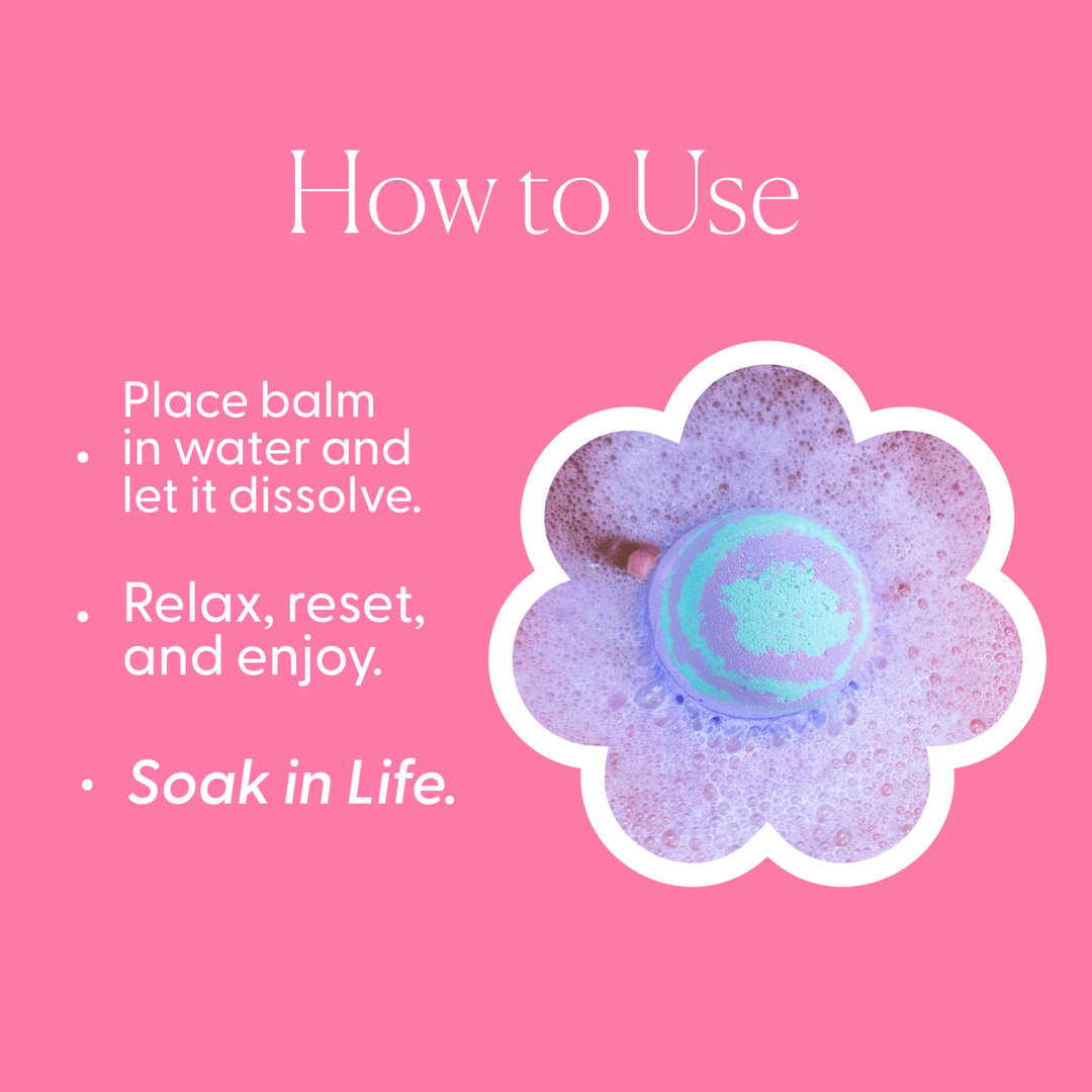How to Use steps with a purple and mint bath balm in bubbly pink water, simple for celebration bath nights