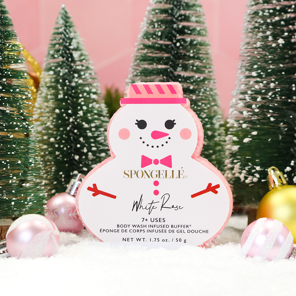 WHITE ROSE SNOWMAN SHOWER BUFFER SPONGE Spongellé Holiday Bath WHITE ROSE SNOWMAN SHOWER BUFFER SPONGE Bonjour Fete - Party Supplies