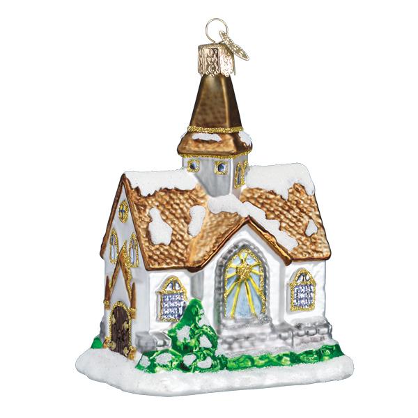 White Winter Cathedral church glass ornament with snowy gold roof, steeple, and stained glass, on white