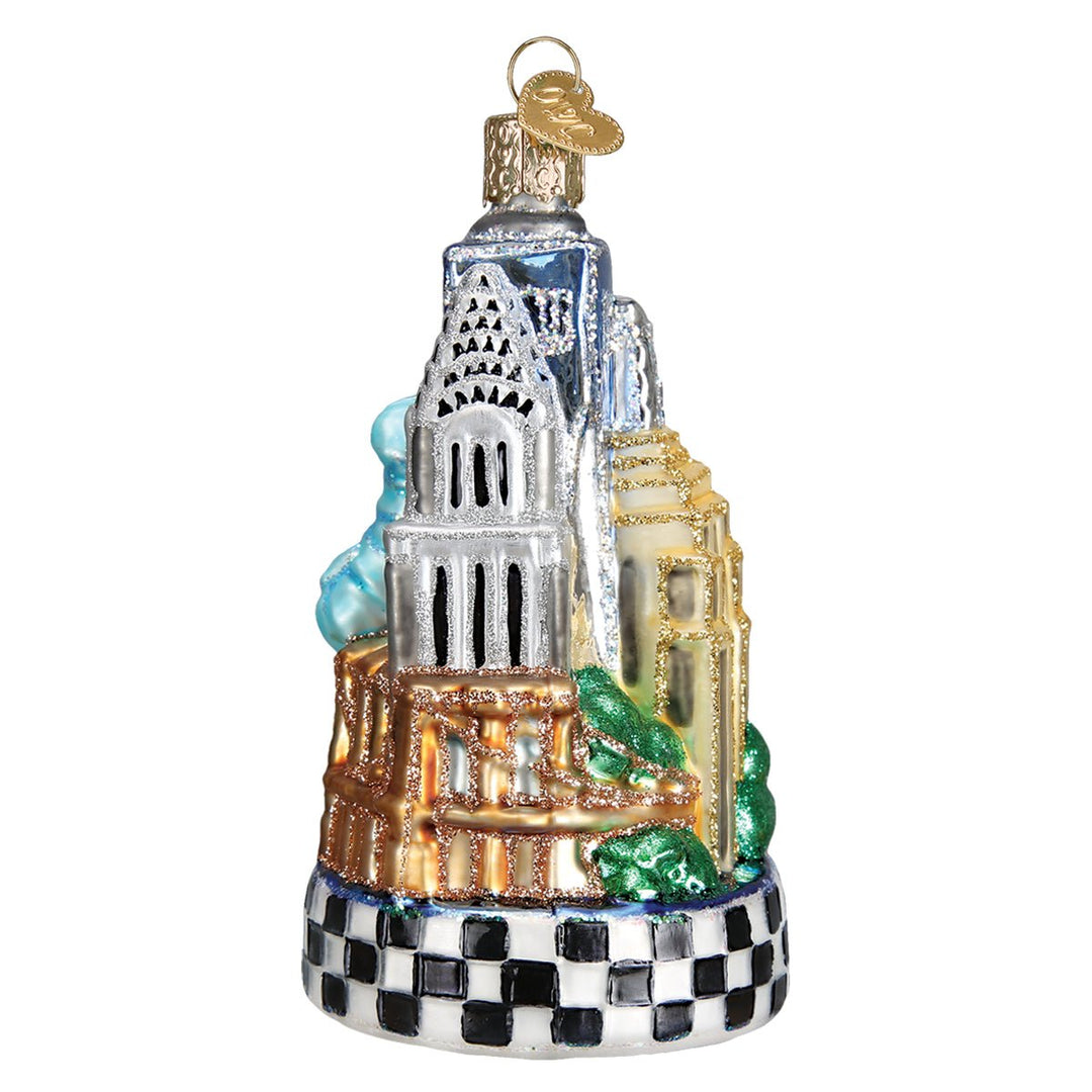 Back view of the New York City ornament, silver Art Deco spire above a checkered base
