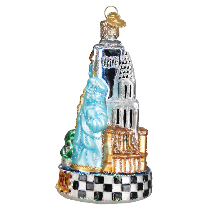 Side view of the New York City ornament showing Lady Liberty in aqua beside the spire