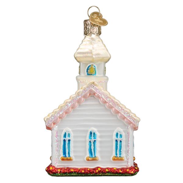Back of the white chapel ornament showing three tall blue windows and a red floral base