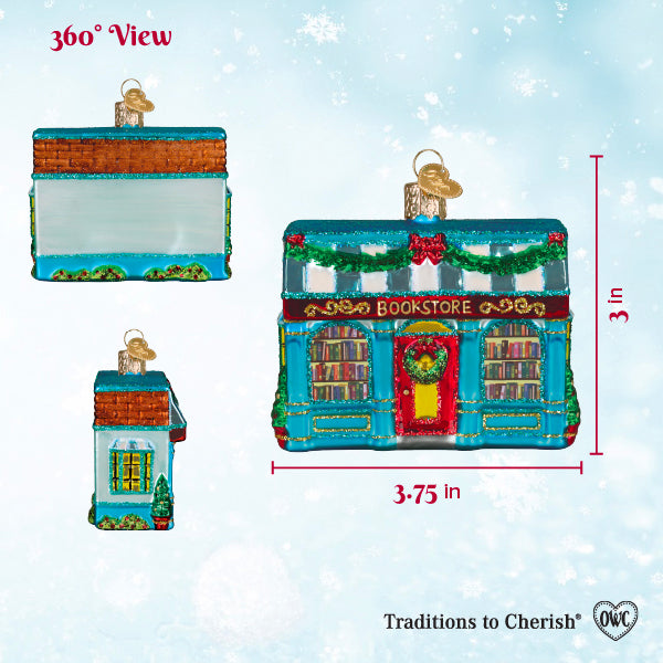 360 degree view chart of the bookstore ornament with 3 inch height and 3.75 inch width markers