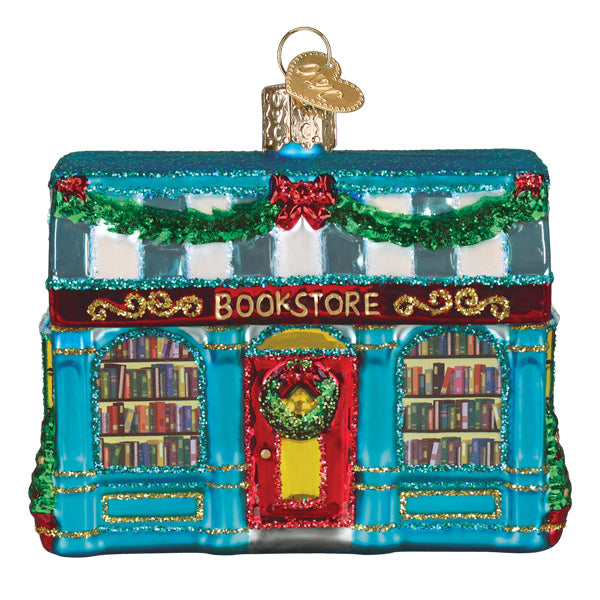 Teal bookstore ornament with a red BOOKSTORE sign, wreath door, and garland roofline on a white background
