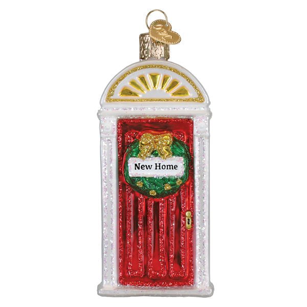 New Home glass ornament, front view, red door with wreath, gold bow, and sunburst fanlight on white