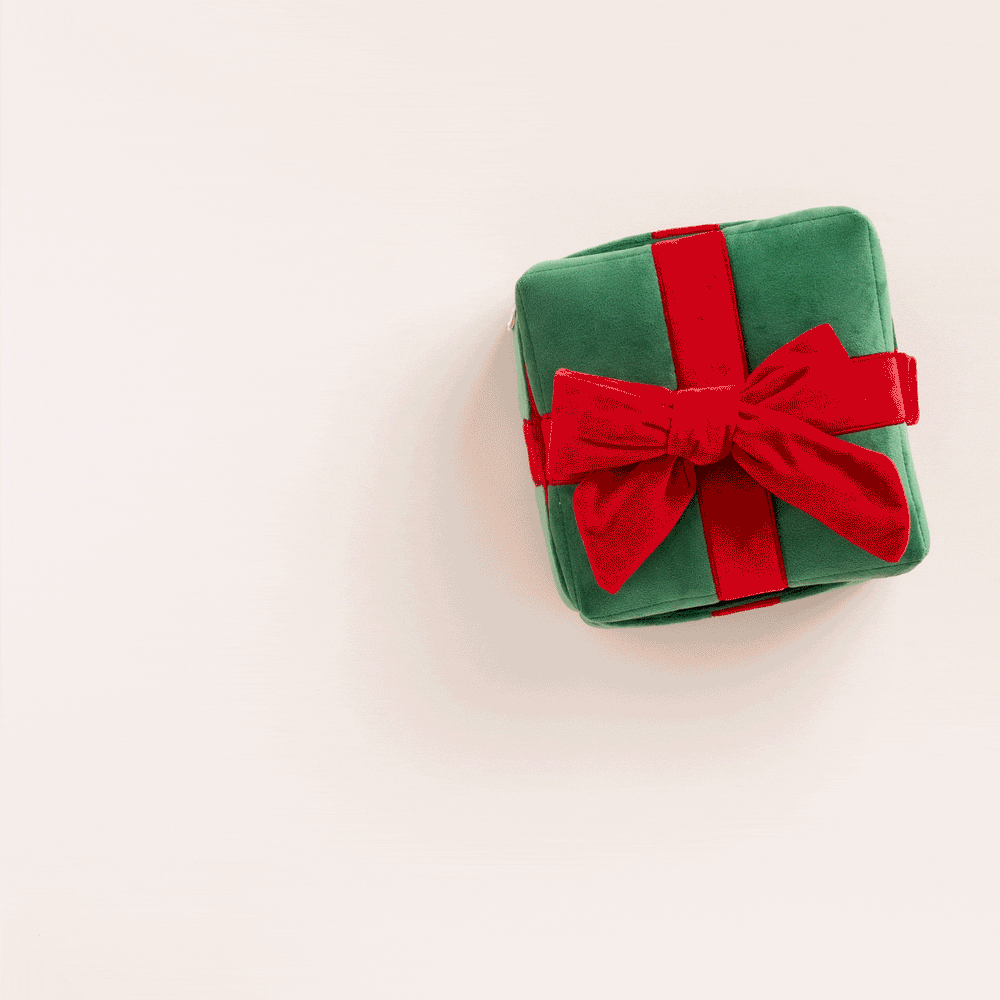 Animated clip of the green present dog toy on a cream backdrop