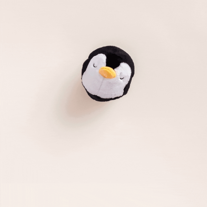 Animated clip of the plush penguin dog toy on a cream backdrop