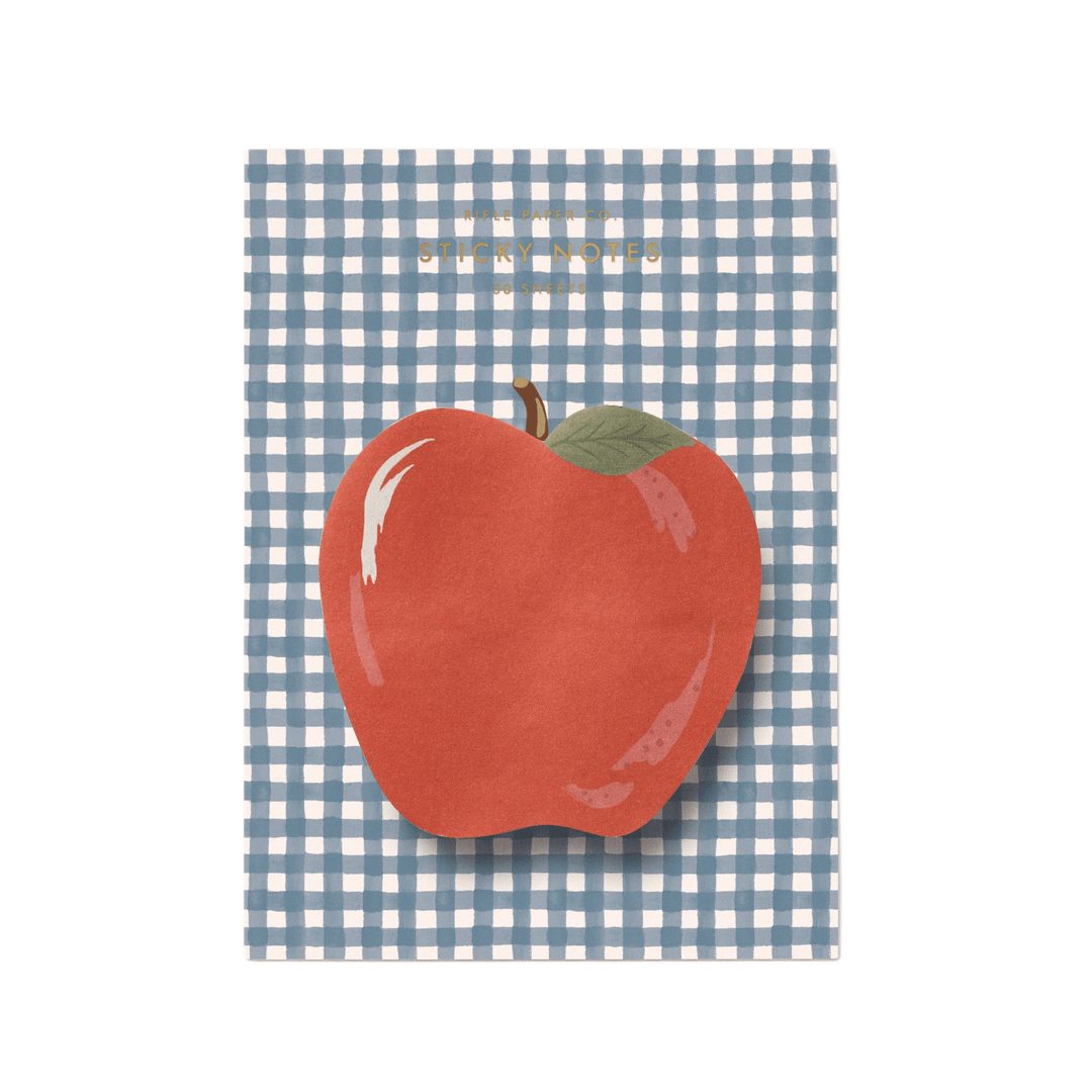 Die-cut red apple sticky note pad with gingham pattern by Rifle Paper Co.