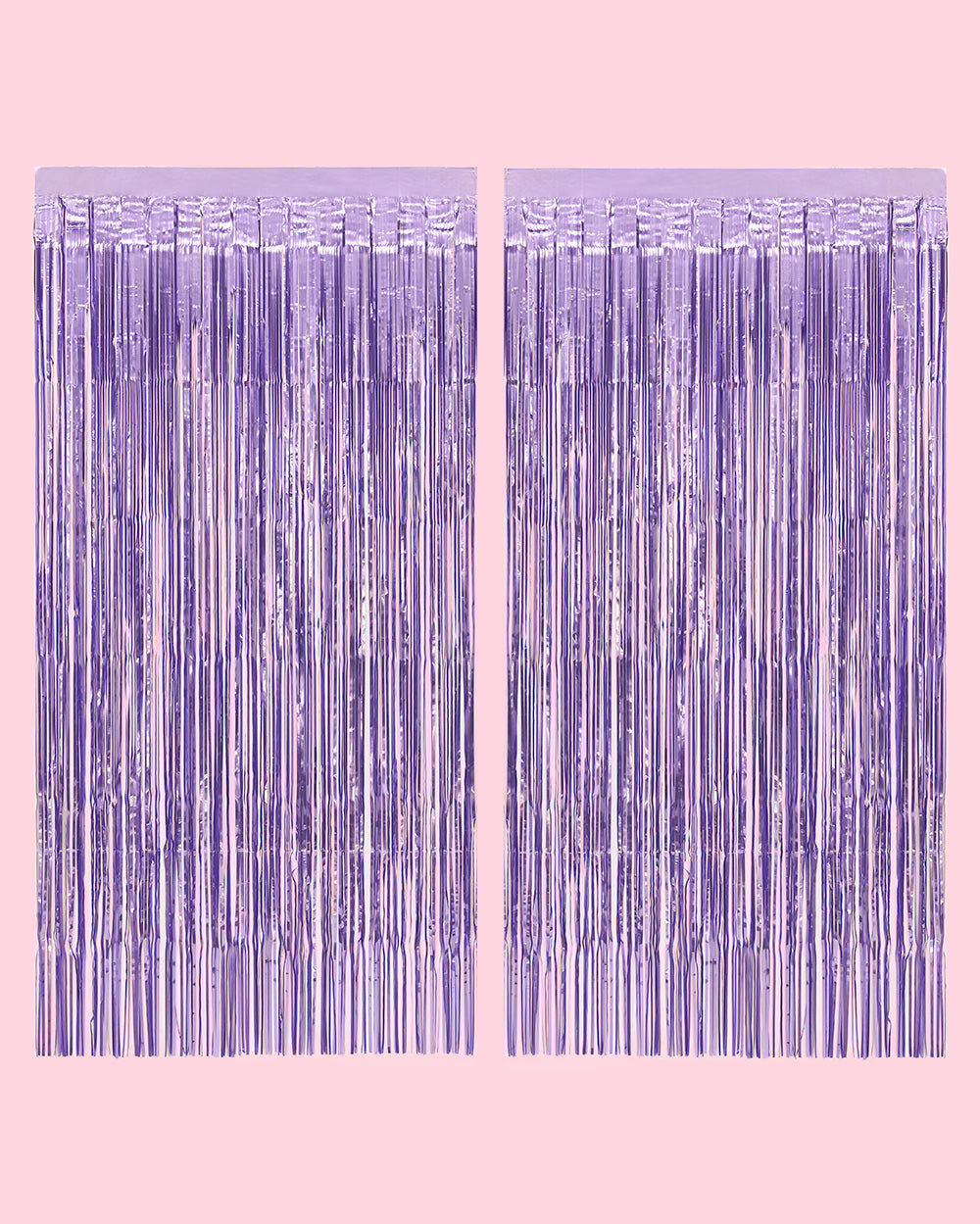Two purple foil fringe curtain panels hung side by side on a pale pink wall