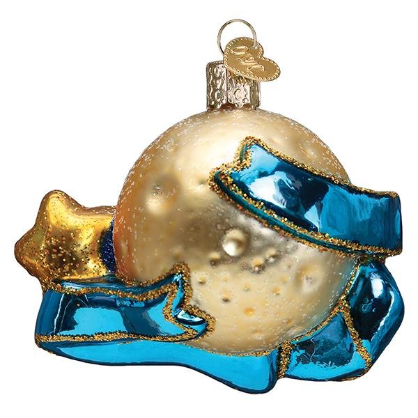 Back of the gold moon ornament showing its textured craters and the blue ribbon, on white