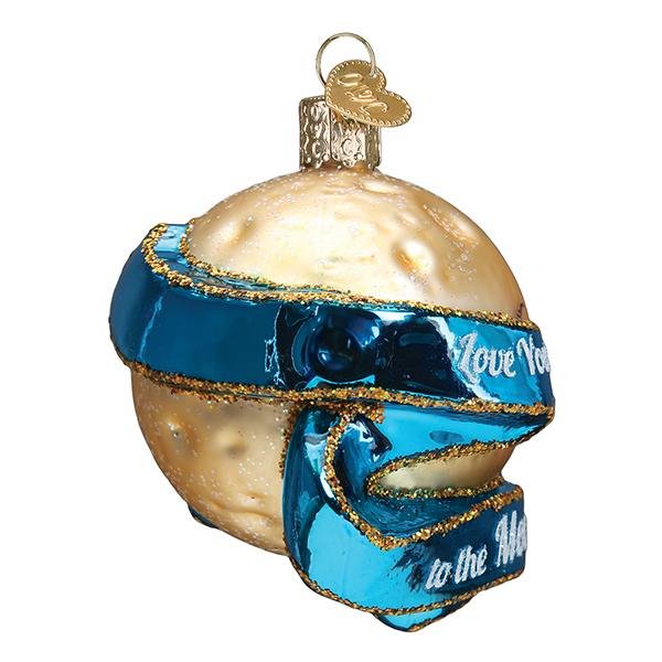 Side view of the moon ornament with the blue banner wrapping around the gold glass