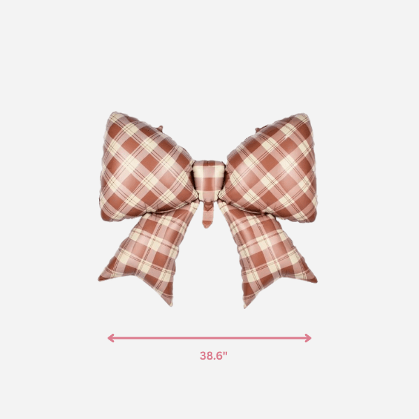 Gingham brown bow foil balloon with 38.6 inch size guide for a coquette party