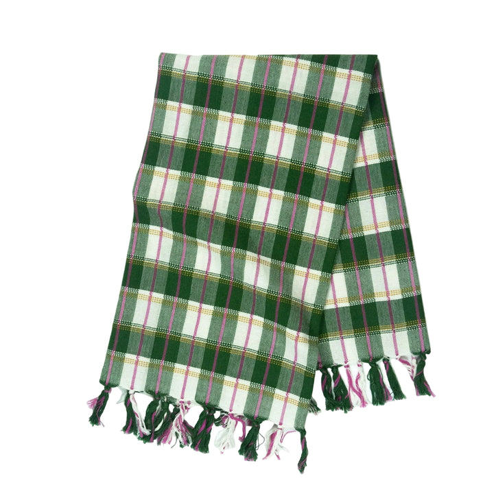 Folded San Andres kitchen towel in forest green and white plaid with pink lines and fringed ends
