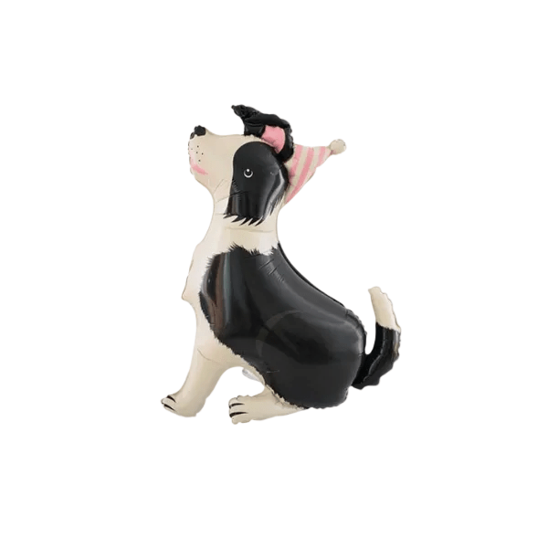 Black and white shepherd dog foil balloon in a pink party hat for a dog birthday party