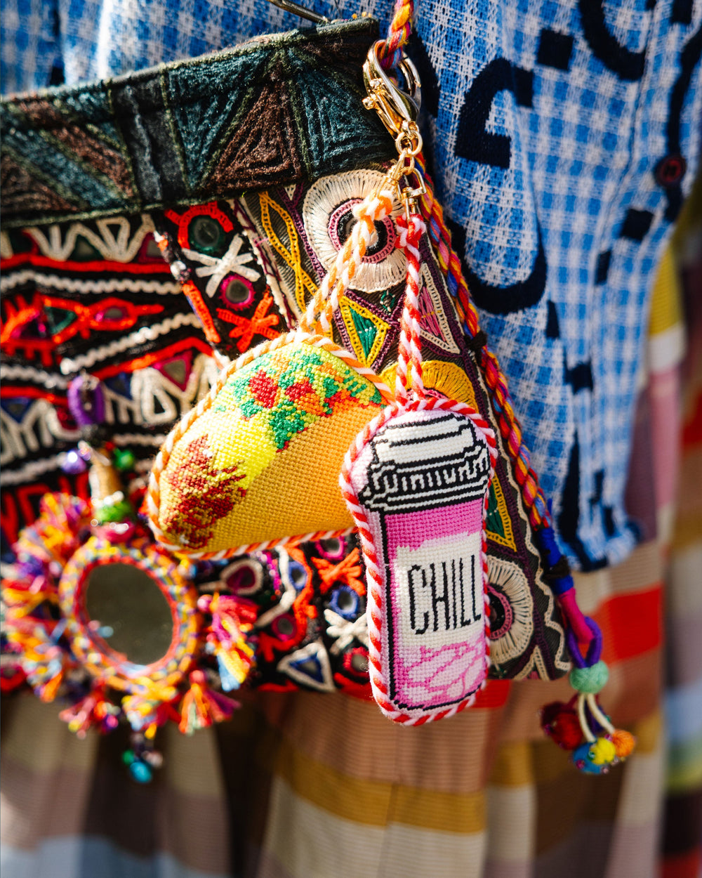 Chill pill needlepoint charm for totes, backpacks, and keyrings