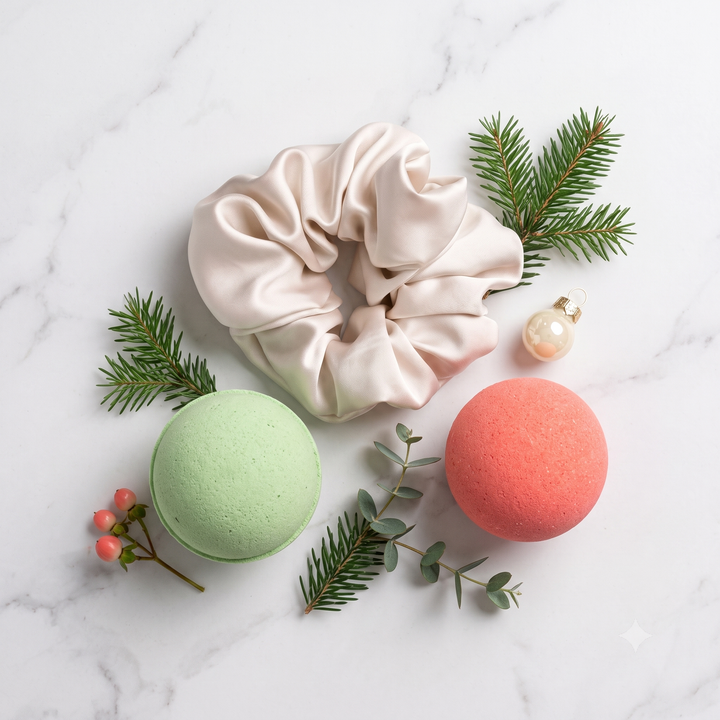 Flat lay of scrunchie, green and coral mini bath bombs with fir sprigs and a tiny ornament for a holiday spa night